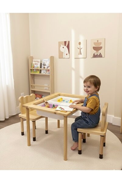 LiliKids Montessori Çocuk Masası ve 2 adet Ayıcık Sandalye Seti - Çift Tarafl...