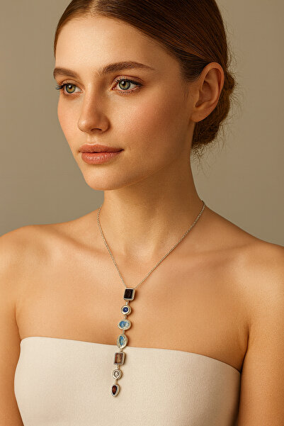 PİRLENTO قلادة على شكل حرف Y من الفضة مع سبعة عناصر من الأحجار الكريمة الملونة