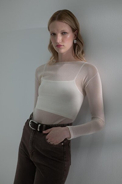 MARKALİSTE Ημιδιαφανές μακρυμάνικο μπλουζάκι εκρού