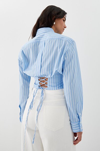 MARKALİSTE Corset detailed striped poplin shirt light blue