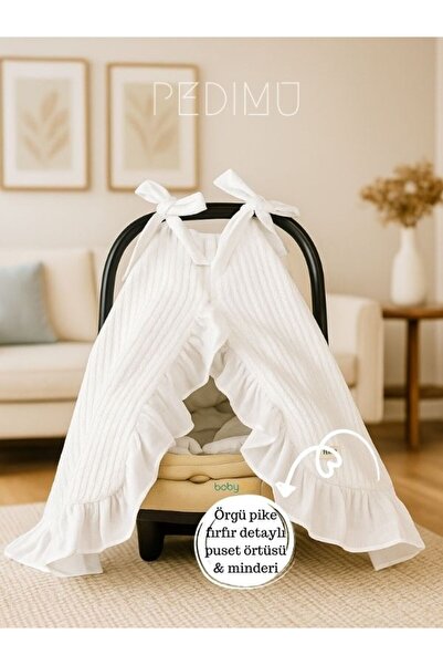 Pedimu Kışa Uygun Beyaz Pike Kumaş Fırfır Detaylı 2'li Bebek Puset Örtüsü & P...