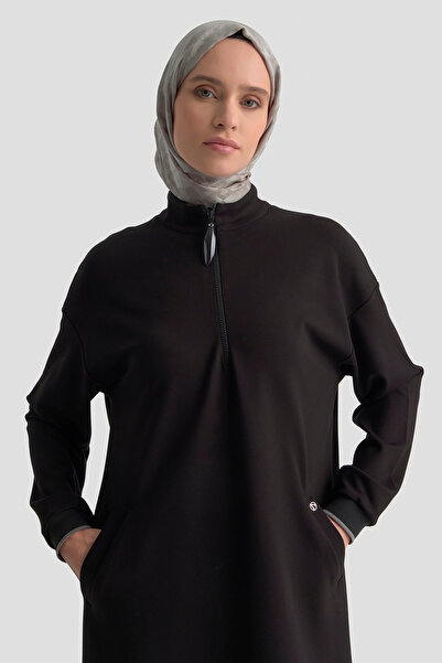 Armine Mock Neck Basic Lycra Tunic with Ribbed Sleeves and Zipper