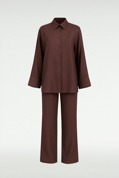 MARKALİSTE Sleeve Detailed Shirt Trousers Suit Bitter Brown