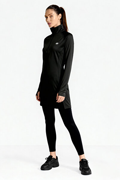 TOMMY LIFE Μαύρο με μισό φερμουάρ ψηλός λαιμός Standard Fit Γυναικείο αθλητικό τουνίκ - 97309