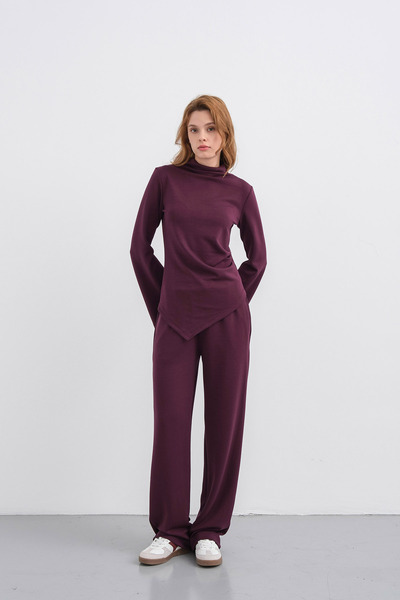 Basicpark Plum Women's Soft Textured Premium Modal Turtleneck Asymmetric Cut Bottom-Top Set