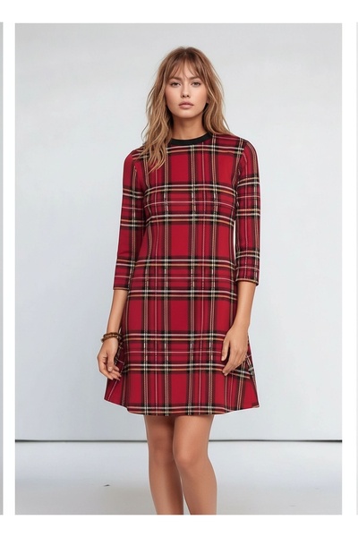 MAMAYAGA Γυναικείο καρό μοτίβο με λαιμόκοψη φούστα καμπάνα με μανίκια τριών τετάρτων Κομψό, καθημερινό αθλητικό φόρεμα με καμπύλες