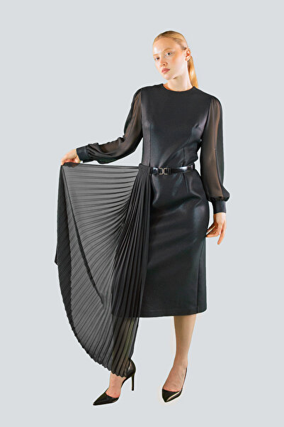 IDYL PLİSE KEMERLİ MİDİ ELBİSE