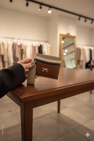 mlio Brown Key Detailed Bow Card Holder Wallet