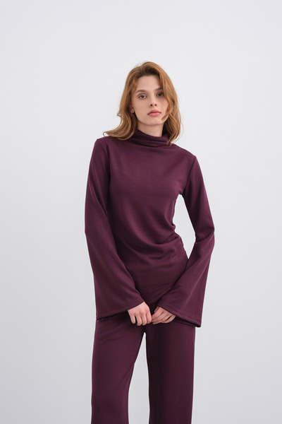 Basicpark Plum Women's Soft Textured Premium Modal Turtleneck Asymmetric Cut Bottom-Top Set
