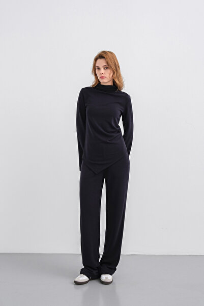 Basicpark Dark Navy Women's Soft Textured Premium Modal Turtleneck Asymmetric Cut Bottom-Top Set