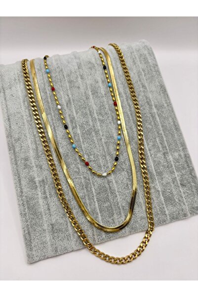aurora dükkan Çelik Gold Çoklu Boncuklu Kolye Renkli