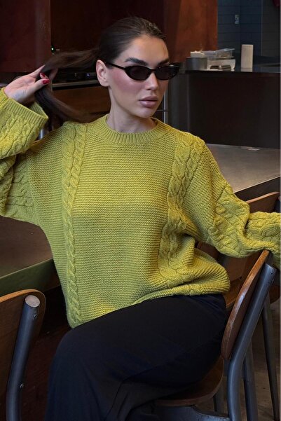 Madmext Green Crew Neck Knit Pattern Women's Knitwear Sweater Mg2601