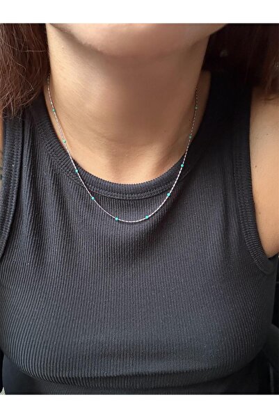 DGK COLLECTİON قلادة فضية اللون، مزينة بسلسلة صغيرة ذات نمط كروي أزرق 🩵