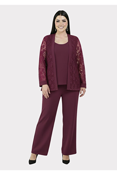 LİLAS XXL Büyük Beden Açık Mürdüm Renkli Dantel Ceketli Abiye Pantolon Bluz T...