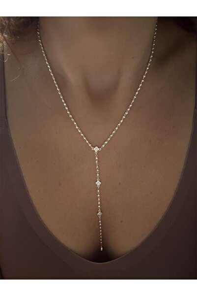 DGK COLLECTİON Light gold renk zirkon taşlı,yonca detaylı Y form tasarım koly...