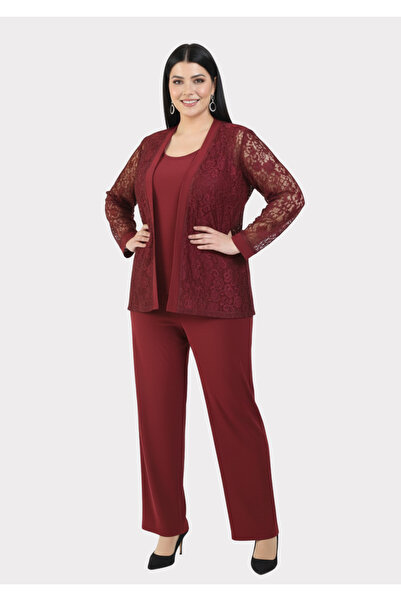 LİLAS XXL Büyük Beden Bordo Renkli Dantel Ceketli Abiye Pantolon Bluz Takım