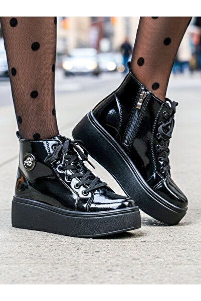 starlike Ghete dama din piele naturala lacuita negre T7022