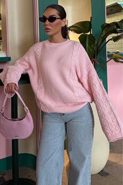 Madmext Pink Crew Neck Knit Pattern Women's Knitwear Sweater Mg2601