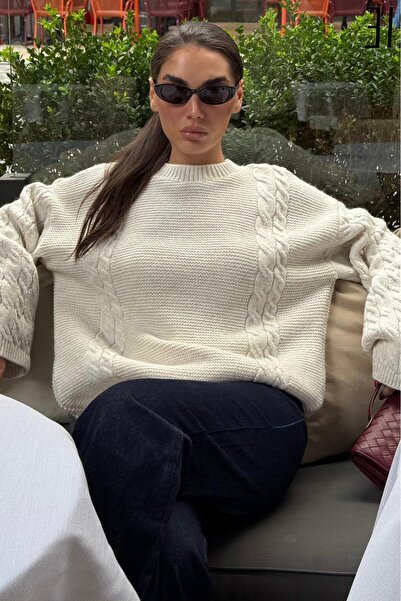 Madmext Ecru Crew Neck Knit Pattern Women's Knitwear Sweater Mg2601