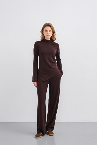 Basicpark Coffee Women's Soft Textured Premium Modal Turtleneck Asymmetric Cut Bottom-Top Set