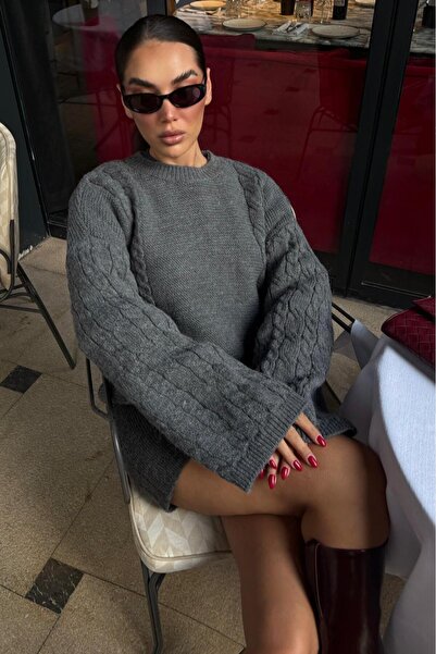 Madmext Dark Gray Crew Neck Knit Pattern Women's Knitwear Sweater Mg2601