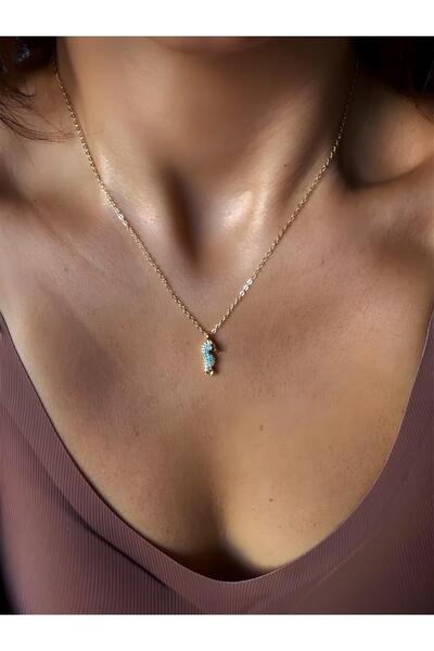 DGK COLLECTİON 14K gold renk,turkuaz zirkon taşlı deniz atı,45 cm kolye ✨