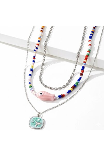 DeNors 3-Piece Women's Necklace Set – Silver Chain with Ceramic Fish and Bead...