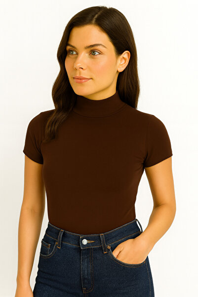 ingegno Μπλουζάκι με μισό ζιβάγκο με κοντό μανίκι από πλεκτό ύφασμα βισκόζης Badi Tek Li Acıkahve Χρώμα