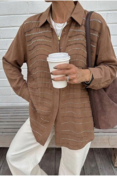 FEMELLE Caramel Oversized Shirt with Bead Embroidery (Compatible with Size 46 and Below)