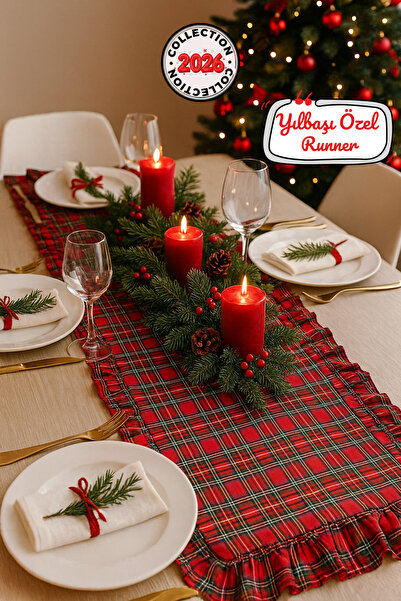 Soft Kare Runner de Crăciun cu volane roșii – Husă decorativă elegantă pentru masă de Crăciun