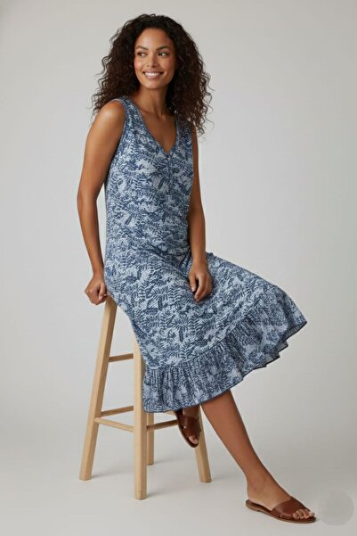 enmodaiçgiyim Rochie de vară pentru femei, cu model de frunze albastre, din bumbac cu volane, cu decolteu în V, cu mâneci zero, lungime midi