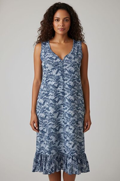 enmodaiçgiyim Rochie de vară pentru femei, cu model de frunze albastre, din bumbac cu volane, cu decolteu în V, cu mâneci zero, lungime midi