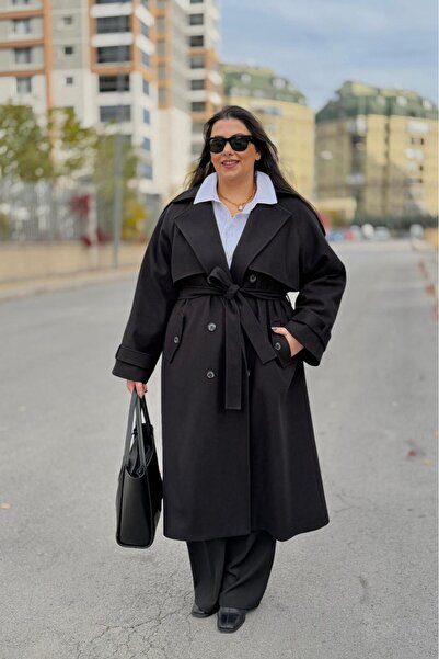 CHUL Apolet Detaylı Astarlı Kemerli Oversize Kaşe Kaban Büyük Beden - Siyah -...