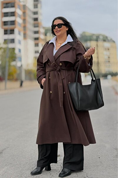 CHUL Apolet Detaylı Astarlı Kemerli Oversize Kaşe Kaban Büyük Beden - Acı Kahve - Geniş Beden Aralığı