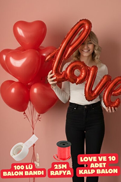Baloncu Dede 10 Kırmızı Kalpli Balon Love Balon Romantik Yemek Süs Helyum Uyu...
