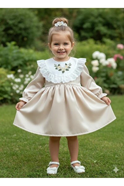 Serackids Kız Çocuk Yaka İşlemeli Saten Astarlı Bebek-Çocuk Elbisesi