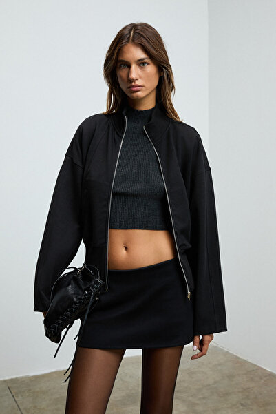 GRIMELANGE Vivety Women's Stand Collar Metal Zipper Corset Look Waist Fitting Regular Black Jacket