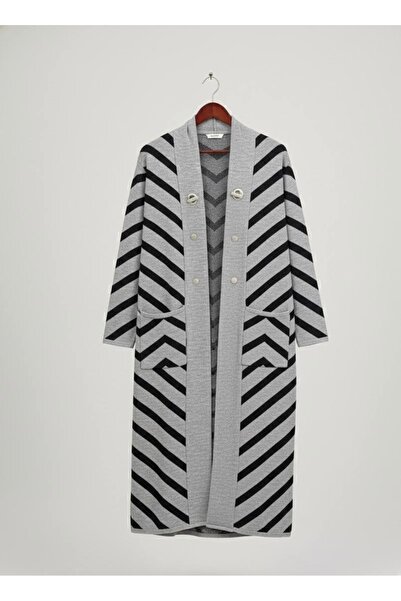 YusGos Women's Hijab Button Detailed Long Striped Cardigan Gray Standard