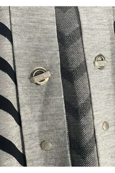 YusGos Women's Hijab Button Detailed Long Striped Cardigan Gray Standard