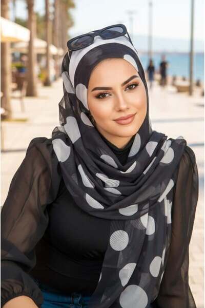 Aişe tesettür شال جاهز منقط باللون الأسود - 50200