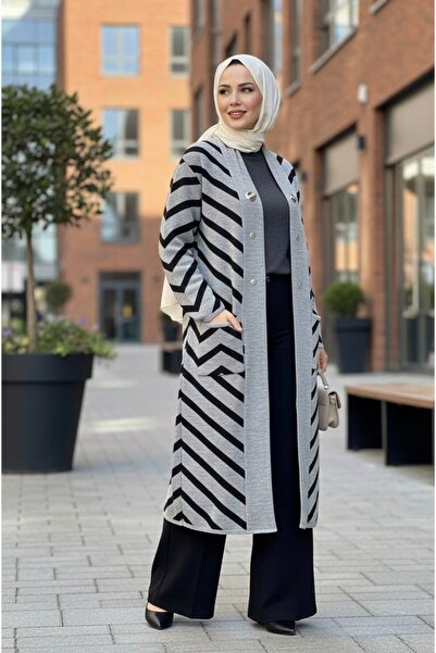 YusGos Women's Hijab Button Detailed Long Striped Cardigan Gray Standard