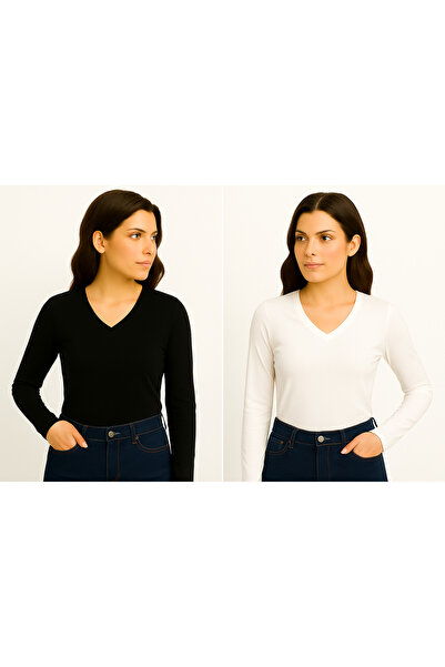 ingegno corp cu decolteu în V cu mânecă lungă din viscoză din material subțire țesătură badi 2 piese alb-negru