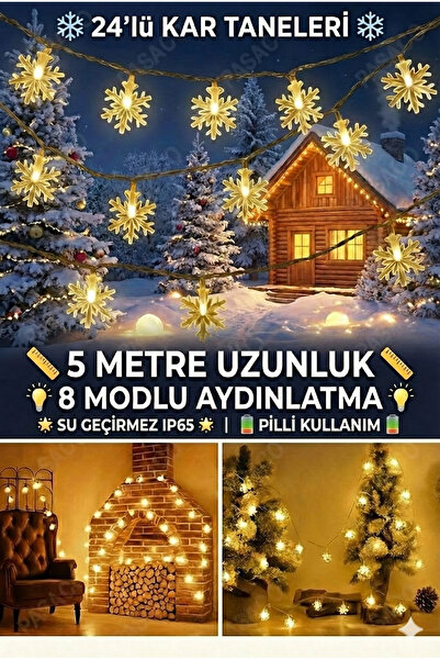 PASACO Kar Tanesi Desenli Şerit Led Pilli Dekoratif Led 2 Metre Günışığı Yılb...