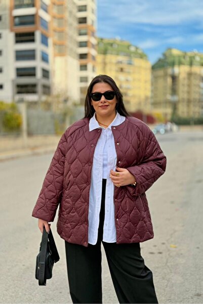 CHUL Kadın Oversize Çıtçıtlı Astarlı Şişme Mont - Mürdüm - Büyük Beden Mont