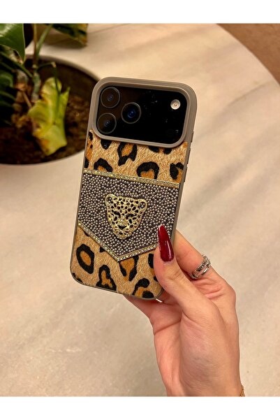 Aksesuar Kasabası iPhone 17 Promax Compatible Leopard Patterned Stone Premium Phone Case
