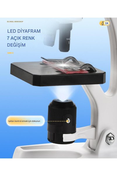 Tisul Kit Hediyeli Eğitici Çocuk Mikroskop Kiti Zoom Led Işıklı 100x 400x 1000x 1200x