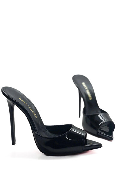 HAYYSHOES Kadın Siyah Hakiki Deri Astarlı Topuklu Terlik