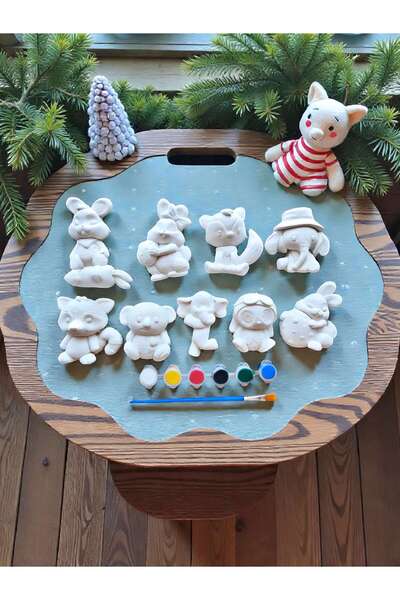 Minika Hayvan Dostlar Boyama seti = 9 Taş + 6 renk boya + fırça