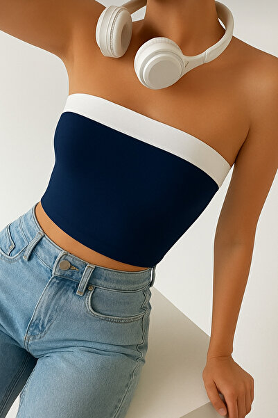 Olyssia Women's Navy Blue Striped Detail Body-Hugging Flexible Strapless Bustier Crop