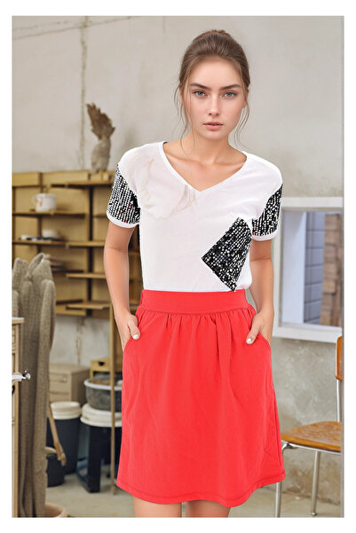 Cotton Mood 9111111 Two-Piece Elastic Waist Pocket Skirt Red